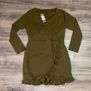 NWT Olive Green Boohoo Wrap Dress, US Size 14, UK Size 18